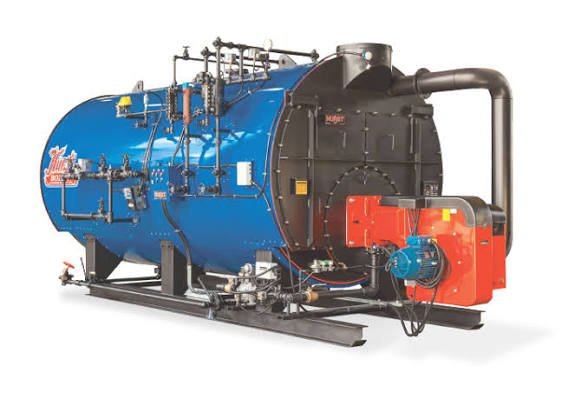 Commercial hot water boiler in plant mechanical room